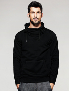Noir Sweat-shirt coton col Drawstring haut à manches longues hommes avec poche