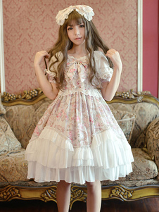 Robe lolita en chiffon impression et volants douse col rond
