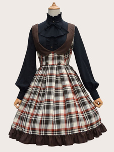 Robe à bretelles lolita charmante en polyester marron claire motif écossais à volants et bretelles R