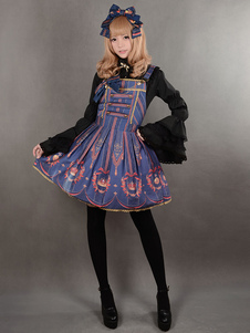 Robe à bretelles lolita éblouissante en lin de coton impression avec noeud à bretelles Robe