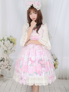 Robe à bretelles lolita séduisante en fibres de coton impression avec dentelle à bretelles Robe