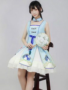 Robe à bretelles lolita éblouissante en chiffon impression avec noeud à bretelles Robe