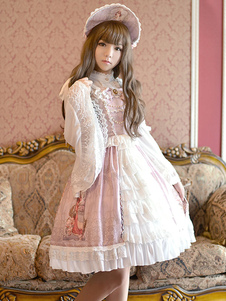 Belle robe à bretelles lolita en fibres de coton impression à volants et bretelles Robe