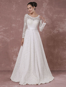 Mariage robe dos nu longue en dentelle manches robe de mariée a-ligne-parole longueur robe de mariée