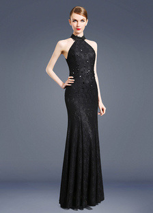 Robe sublime de soirée sirène en dentelle noir avec strass à licou longueur plancher