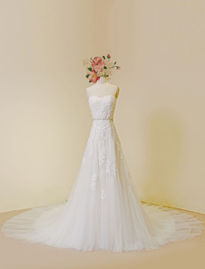 Dentelle robe bustier traîne cathédrale robe de mariée Tulle perlant a-ligne Sweetheart Lace-up Luxa