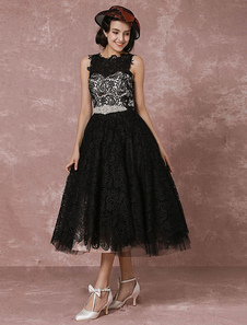 Robe dentelle noire robe de mariée Vintage strass ceinture thé longueur Illusion dos Cocktail robe d