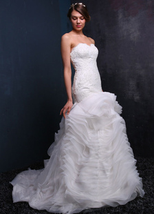 Sirène mariage robe dentelle Sweetheart bretelles volants plissé blanc Satin Backless robe de mariée