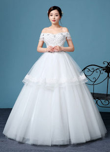 Off-The-Shoulder mariage robe princesse manches courtes lacez vers le haut de robe de mariée fleur p