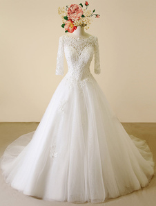 Dentelle robe Backless Bateau chapelle Train robe de mariée a-ligne de perles manches demi luxe mari