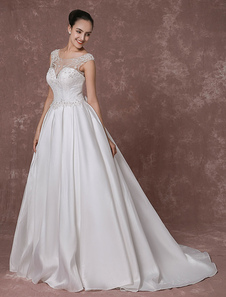 Robe de mariée en dentelle perles avec chapelle train Illusion-ligne luxe arrière