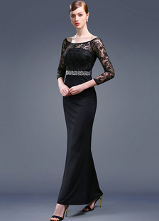 Robe fascinante de soirée sirène en polyester noir avec strass col bateau longueur cheville