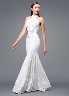 Plage mariage robe dentelle robe de soirée Backless Halter perles étage longueur robe