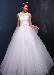 Tulle robe de mariée sans manches perles robe de mariée Peter Pan col étage longueur Ball robe dente