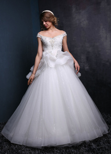 Robe de mariée princesse Peplum au large de l’épaule robe de mariée Tulle étage longueur perles ouve