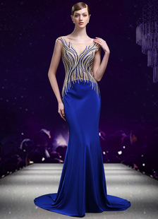 Robe sublime de soirée sirène Tissu de satin avec applique col rond Avec traîne