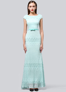 Robe énigmatique de soirée sirène en dentelle avec ceinture col rond longueur cheville