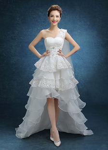 Mariage robe une épaule haute basse perlée robe de mariée Organza volants en dentelle à paliers bala