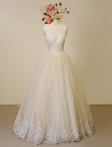 Champagne mariage robe dentelle Applique Tulle robe de mariée-parole longueur plongeant la robe de m