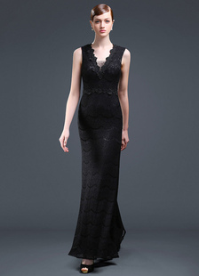 Robe sublime de soirée sirène en dentelle noir col V longueur cheville