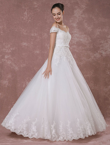 Robe de mariée hors-l'épaule en dentelle parole longueur luxe a-ligne