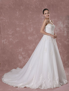 Robe de mariée en dentelle bretelles douce de luxe a-ligne dos nu robe nuptiale avec traîne cathédra