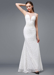 Beach robe Ivoire dentelle robe de soirée Sexy plongeant sirène sans manches rez-longueur Party robe