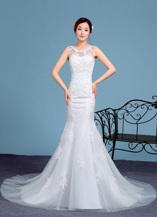 Sirène mariage robe dentelle appliques Illusion sans manches robe de mariée chapelle Train robe de m