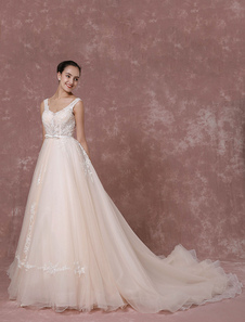 Robe de mariée tulle en dentelle champagne applique traîne cathédrale a-ligne dos nu ruban ceinture 