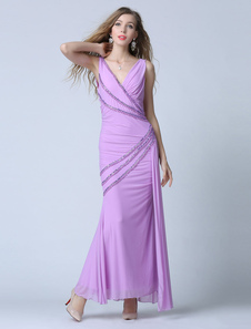 Robe énigmatique de soirée sirène en satin mat lilas avec perles col V longueur cheville