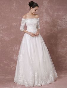 Mariage robe Sequin Off-the-shoulder Tulle demi manches robe de mariée-parole longueur a-ligne perle