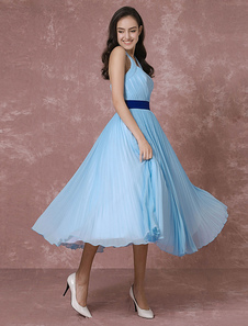 Robe bleu robe de mariée courte Halter en mousseline de soie robe de Cocktail plissée longueur thé P