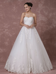 Dentelle robe Sweetheart bretelles robe de mariée dos nu a-ligne de perles luxe mariée robe de marié