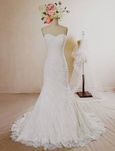 Sirène mariage robe dentelle plissée Sweetheart bretelles Bridal Gown Cour Train robe de mariée dos 