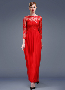 Robe fascinante de soirée A-ligne en dentelle rouge avec perles col bateau longueur cheville