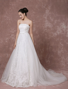 Dentelle robe Tulle robe de mariée sans bretelles chapelle Train-ligne luxe Backless mariée robe de 