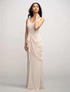 Robe énigmatique de soirée fourreau en chiffon ivoire plissé col V longueur plancher