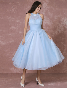 Mariage bleu robe courte Tulle robe de mariée Vintage Halter Backless Ball robe robe de Cocktail thé