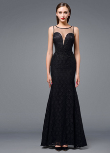 Robe énigmatique de soirée sirène en dentelle noir col rond longueur cheville