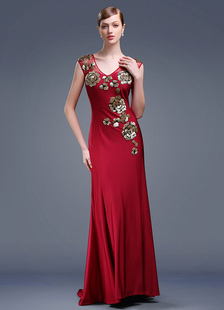 Robe de soirée éblouissante sirène en lycra rouge avec fleur col V Avec traîne