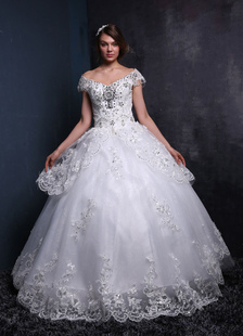 Dentelle robe de mariée hors de l’épaule boule blanche robe V cou perles strass appliques étage long