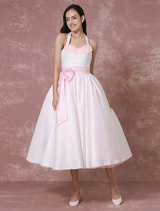 Robe rose Tulle robe de mariée courte Halter ruban Satin Sash Ball robe thé longueur mariée robe de 