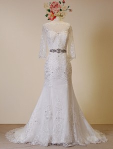 Dentelle mariage robe sirène manches longues robe de mariée chapelle Train Bateau Illusion Back perl