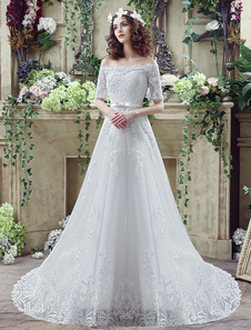 Robe de mariée en dentelle hors-l'épaule a-ligne demi manches chapelle traîne nuptiale