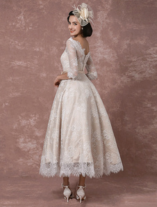 Robe de mariée en dentelle Bateau Vintage Champagne demi manches a-ligne thé longueur dos nu Sash ré