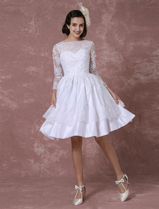 Bref mariage appliques de dentelle robe de mariée Vintage robe longue manches robe de mariée a-ligne