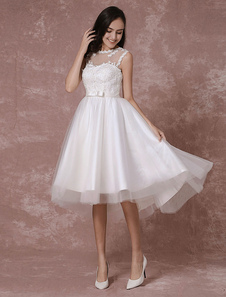 Robe de mariée en dentelle appliques bas dos coupe courte Prom