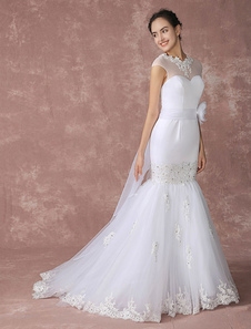 Robe de mariée en dentelle sirène cour chapelle illusion appliques perles tulle avec panneau de trai