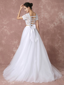 Robe de mariée Récolte haut en dentelle Tulle faible élevé deux pièces arrière cour de coupure Train