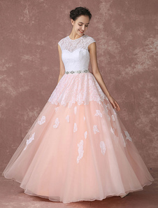 Robe de mariée Brosse en dentelle rose dos nu-parole longueur a-ligne de tulle avec ceinture strass